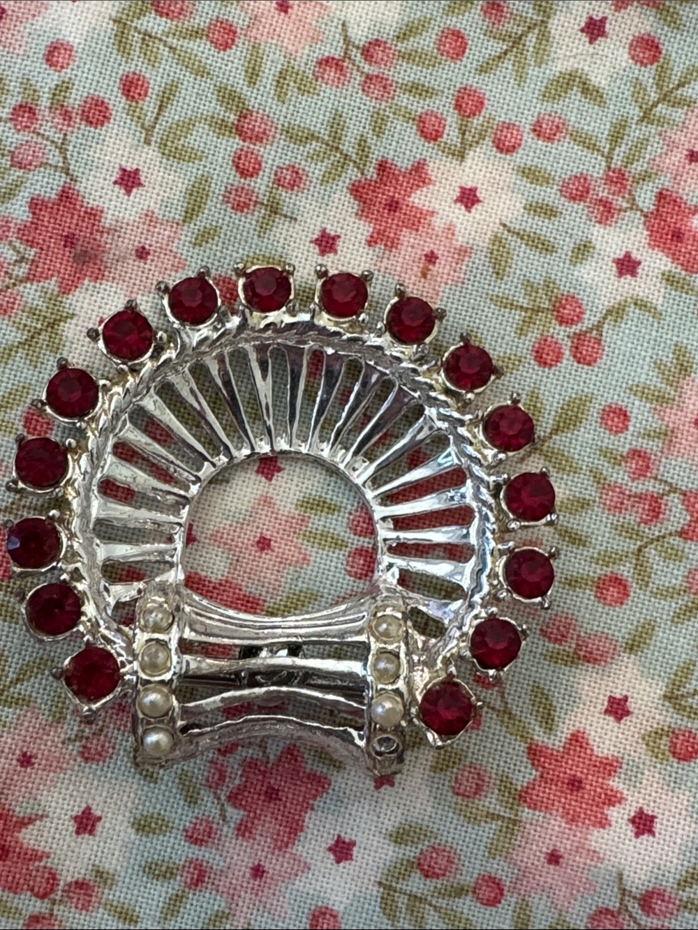 Vintage Silver Tone Red Rhinestone Brooch